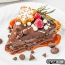 A delectable chocolate pie adorned with rich chocolate sauce on a plate, ready to serve.