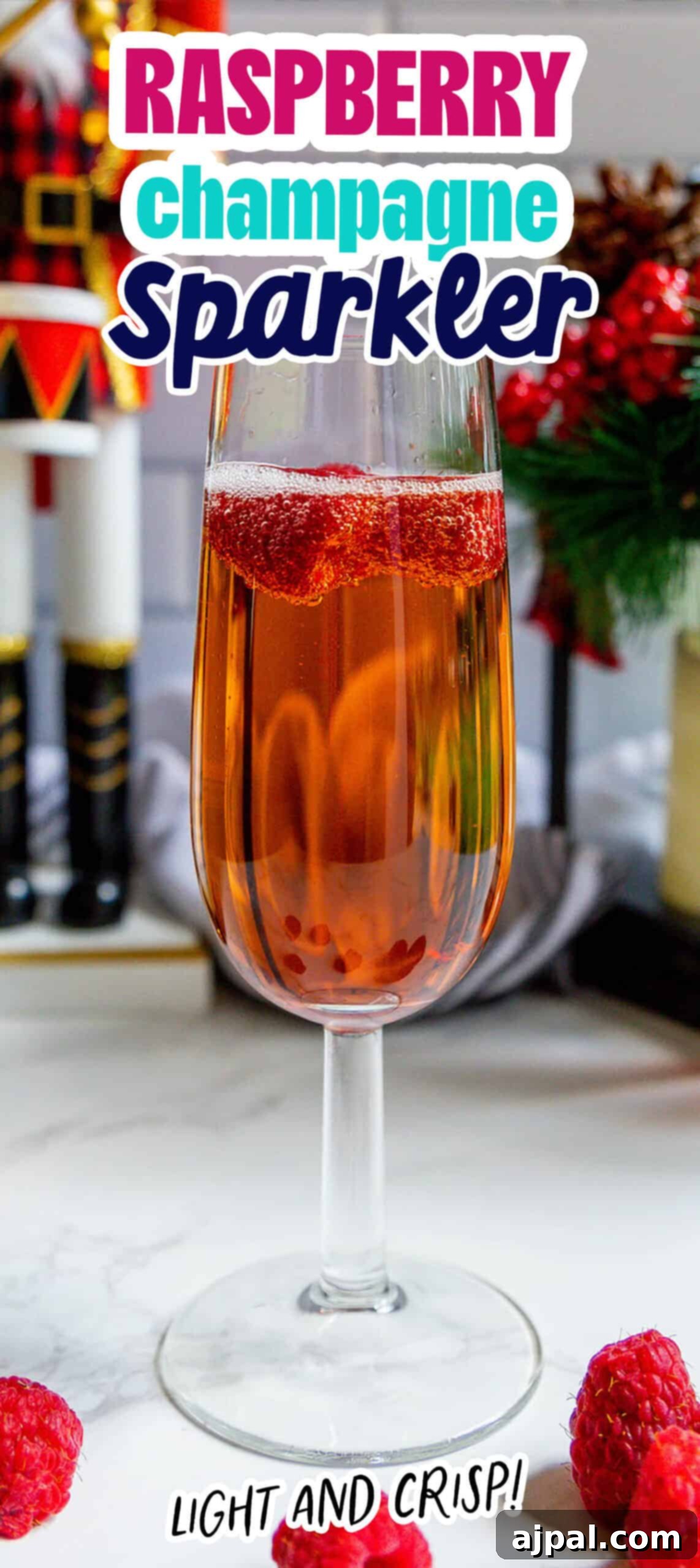 Raspberry Champagne Glow 8 Raspberry champagne sparkler: This drink is light and crisp, perfect for a refreshing summer sip, adorned with fresh raspberries.