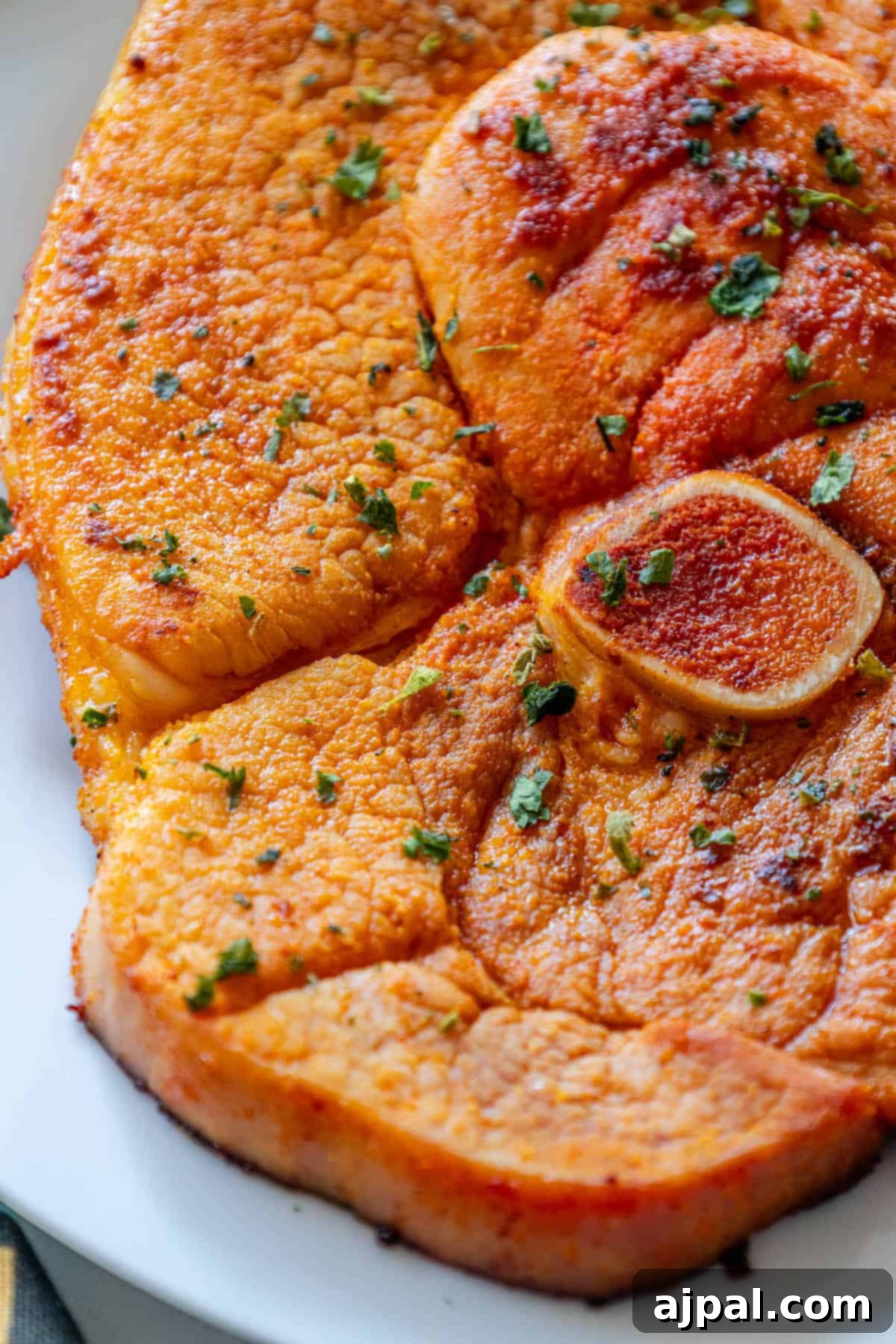 A skillet ham steak on a plate.