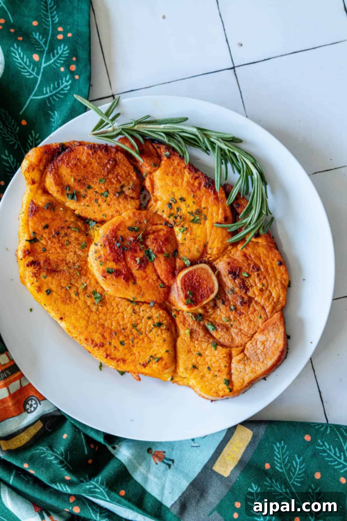 A plate of roasted sweet potatoes with rosemary sprigs, cooked in a skillet.