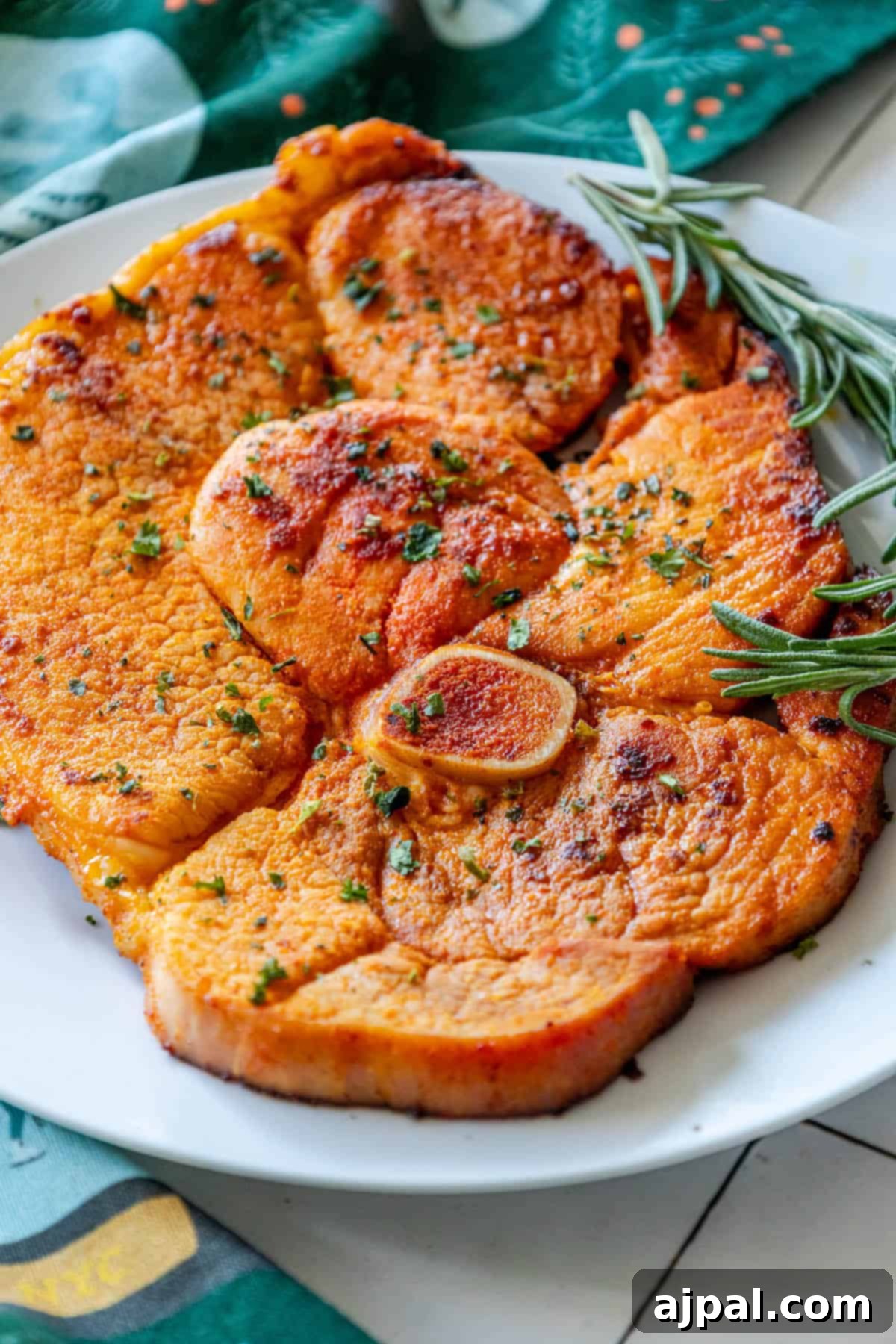 Roasted figs with rosemary on a white plate topped with a skillet-ham steak.