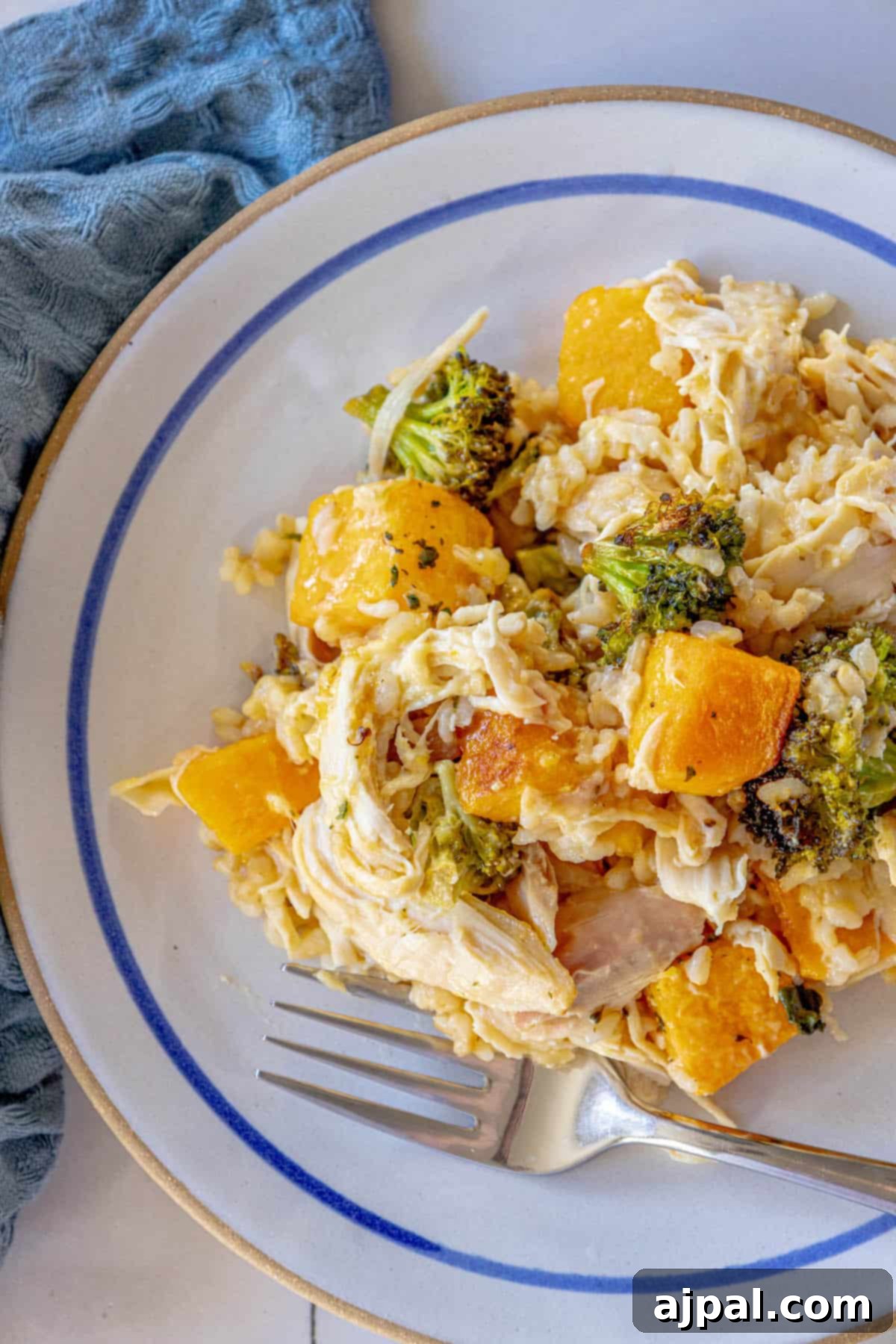 A plate of chicken and rice, showcasing a single serving of the hearty casserole.