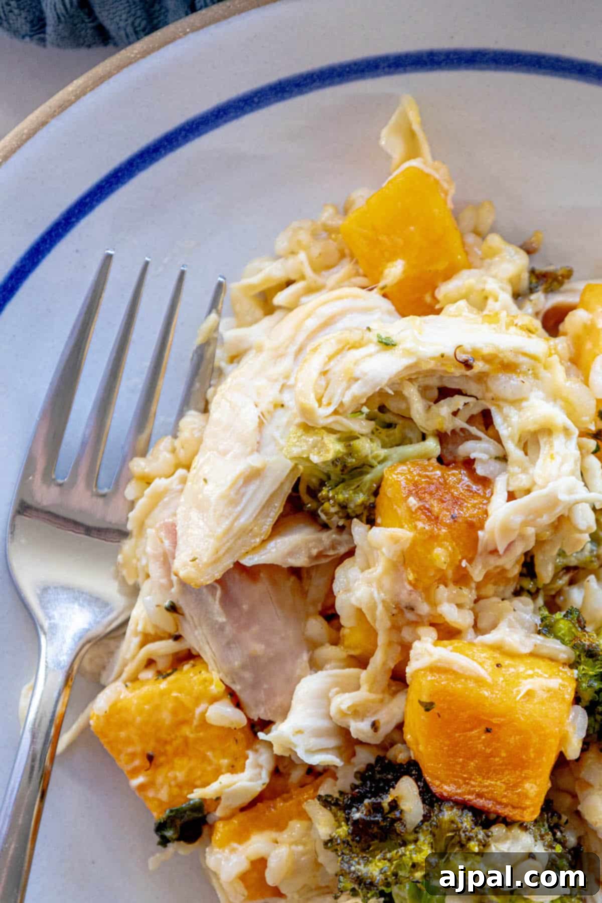 A delectable serving of butternut squash chicken and rice casserole on a plate with a fork.