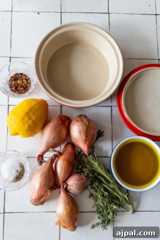A rustic bowl filled with a colorful medley of fresh ingredients: shallots, garlic cloves, vibrant lemon slices, and sprigs of aromatic herbs, all arranged on a textured tiled surface.