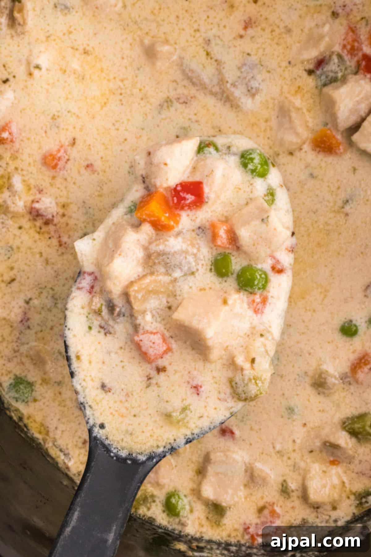 Easy Slow Cooker Chicken a la King 12 A spoonful of chicken soup in a slow cooker.