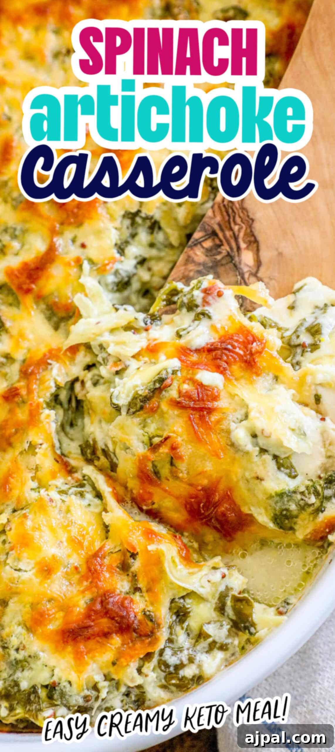 Creamy Chicken, Spinach & Artichoke Bake 7 A side view of the creamy chicken, spinach, and artichoke casserole in a baking dish, highlighting its layers and golden crust.