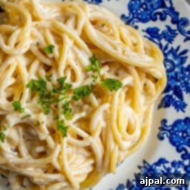 Indulgent Alfredo Perfection 14 A plate of spaghetti with parmesan cheese and the best alfredo sauce on it.