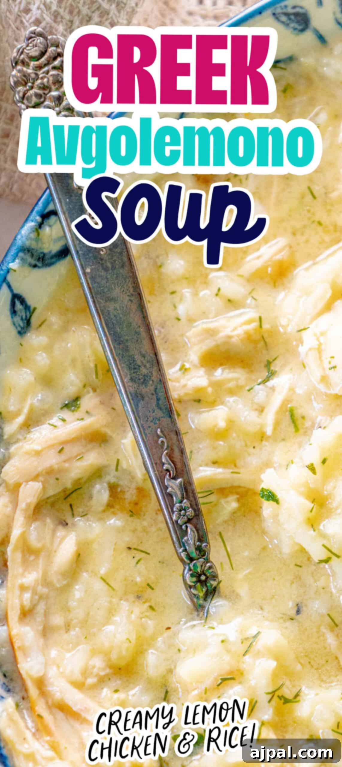 Velvety Greek Avgolemono 8 A bowl of Greek avgolemono soup with chicken and rice.