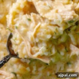 A spoonful of Greek chicken risotto in a casserole dish.