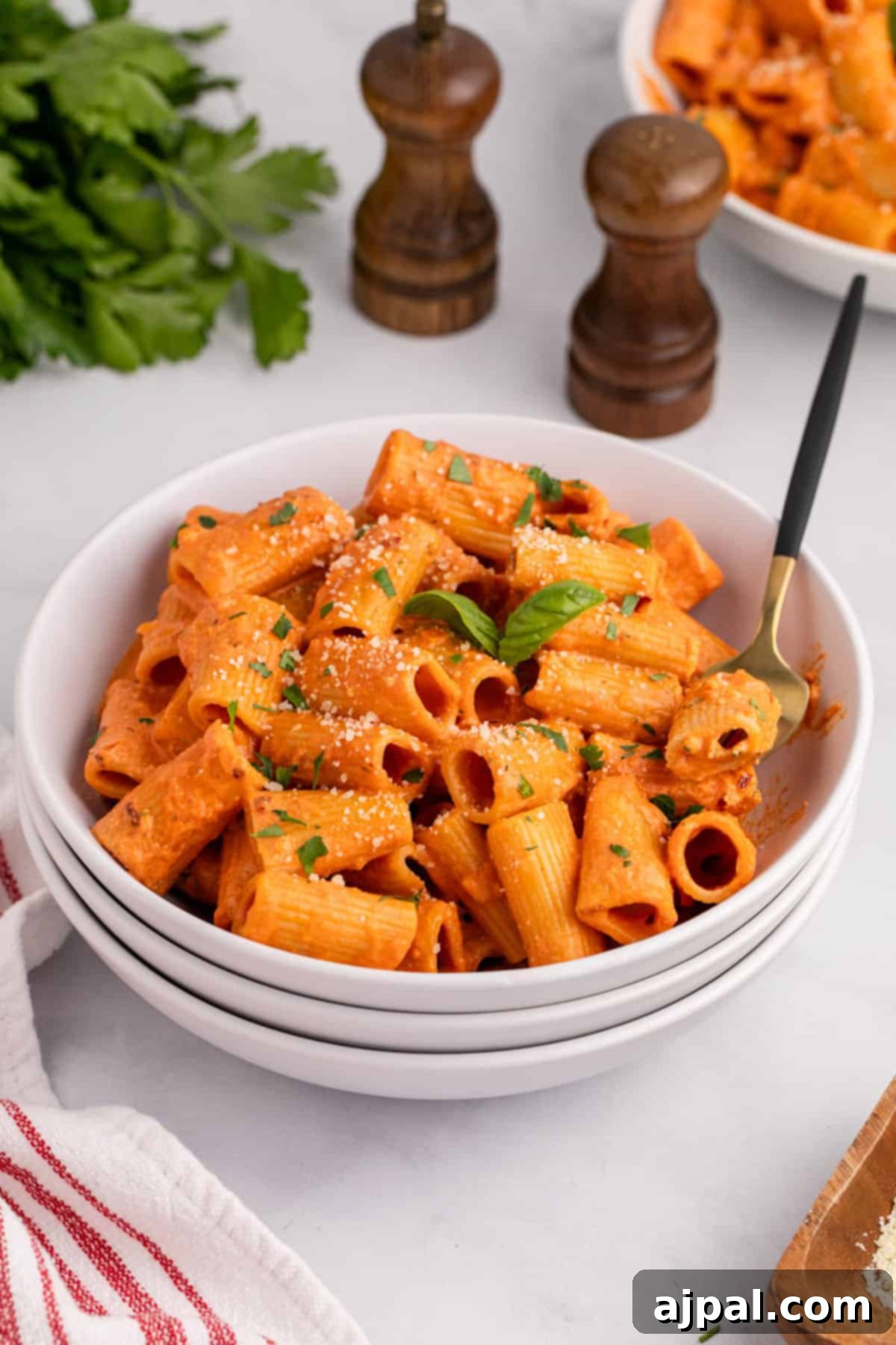 A dish of spicy rigatoni pasta with parmesan cheese and fresh parsley.