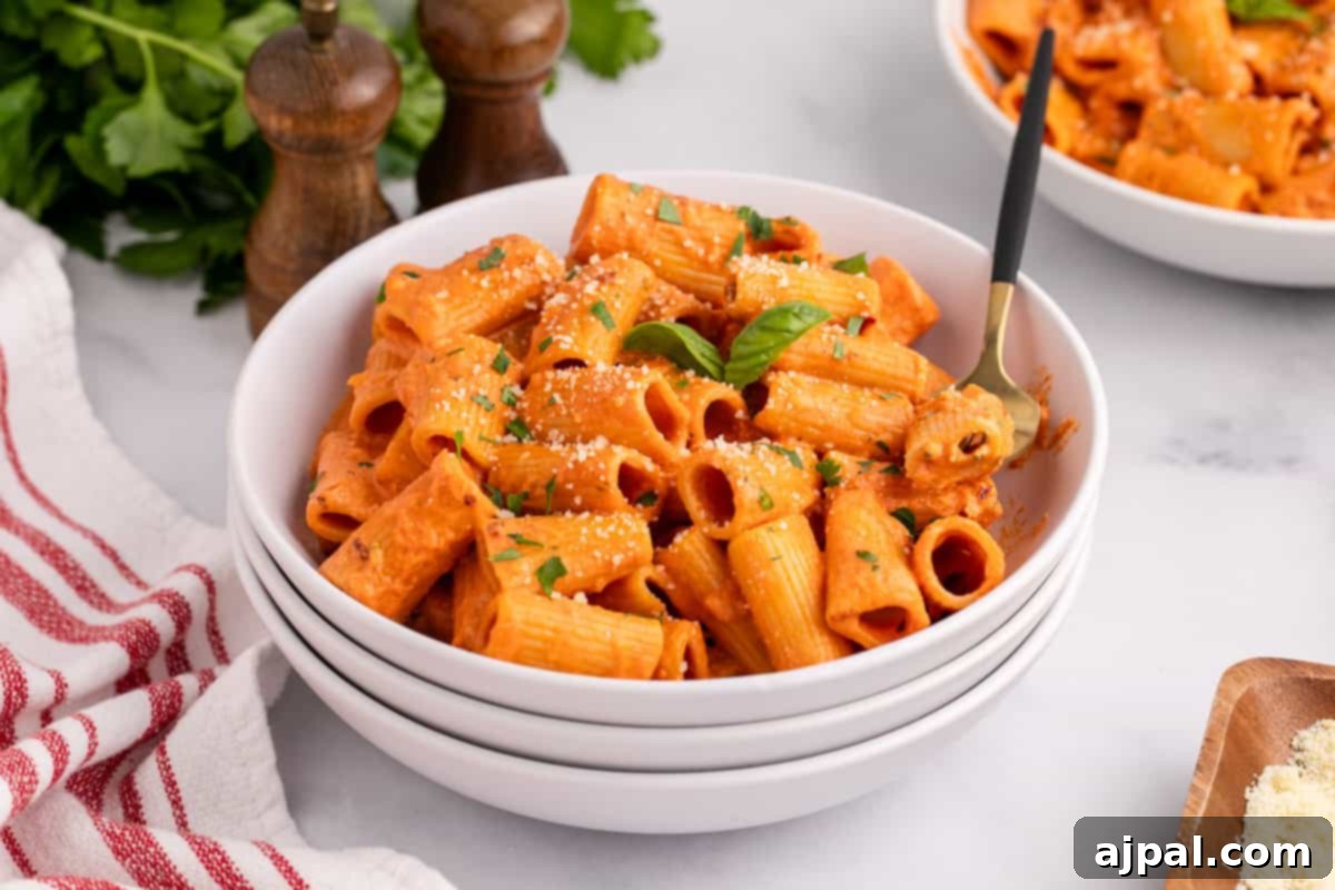 A bowl of Spicy Rigatoni Pasta with a creamy red sauce and fresh parmesan cheese, garnished with parsley.