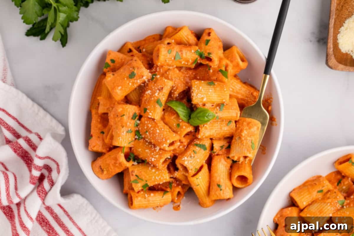 A spicy bowl of rigatoni pasta with a rich tomato sauce and grated parmesan cheese.