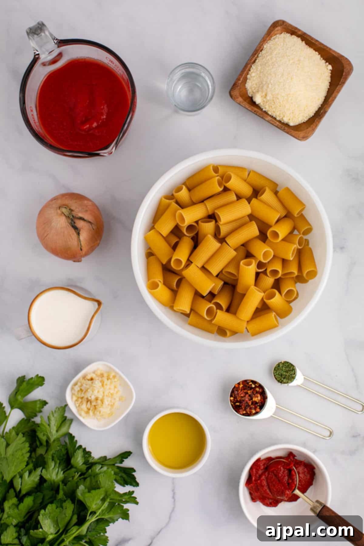 The ingredients for a spicy pasta dish are laid out on a marble table.