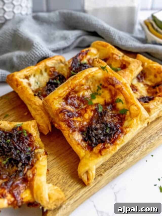 Five delicious caramelized onion and brie tarts arranged on a rustic wooden board.