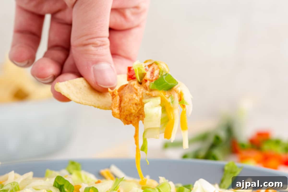 Zesty Taco Dip 11 A hand reaching into a bowl of hot taco dip with a tortilla chip, ready for a delicious bite.