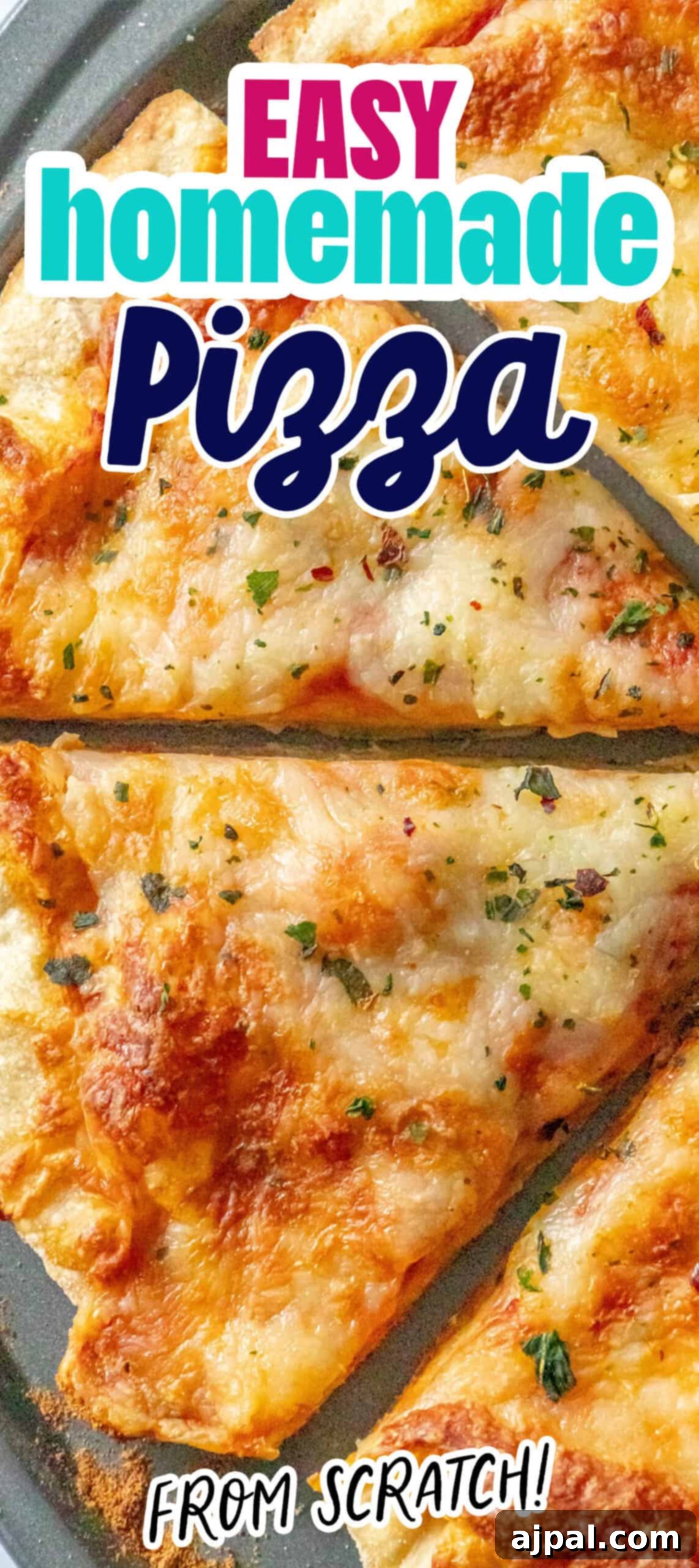 An appetizing easy homemade pizza from scratch, showcasing its delicious appeal and golden crust.