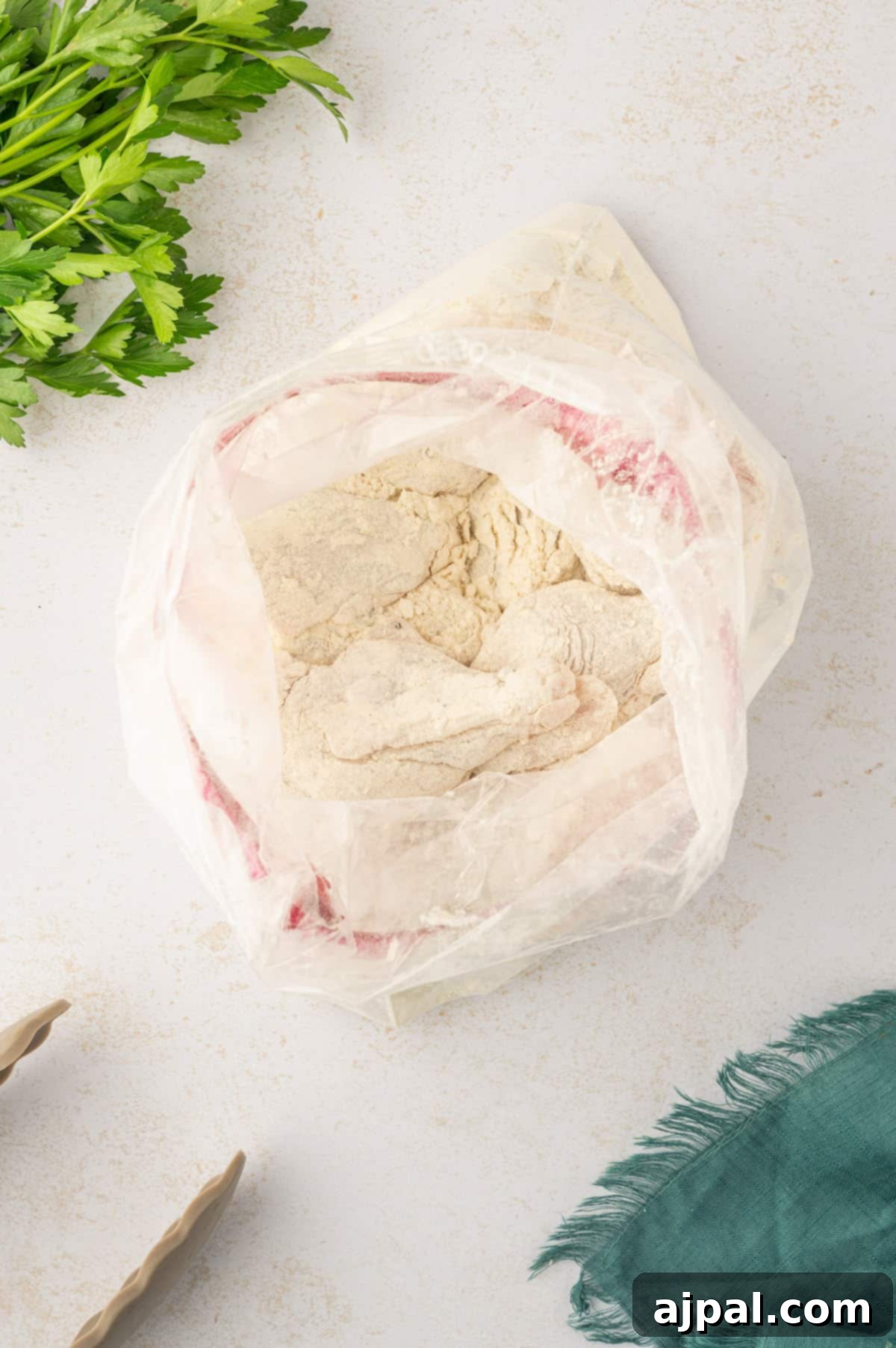 A bag of seasoned chicken wings ready for frying, ensuring a mess-free coating process.