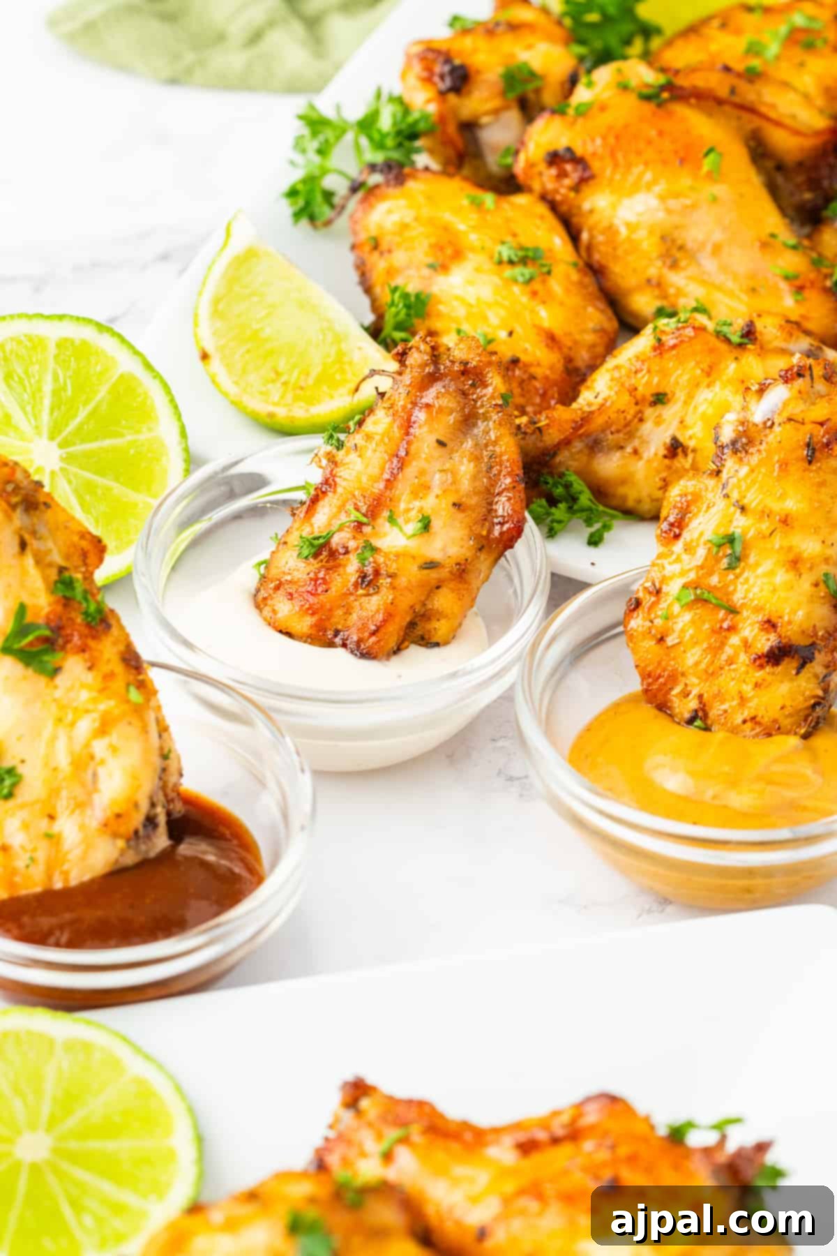 Crispy Air-Fried Wings 12 Air fried chicken wings with sauce and lime wedges on a white plate, highlighting a perfect glaze.