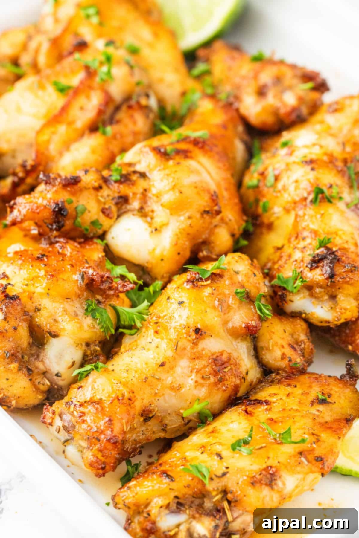 Crispy Air-Fried Wings 4 Air-fried Chicken Wings with lime wedges on a white plate, ready to be served.