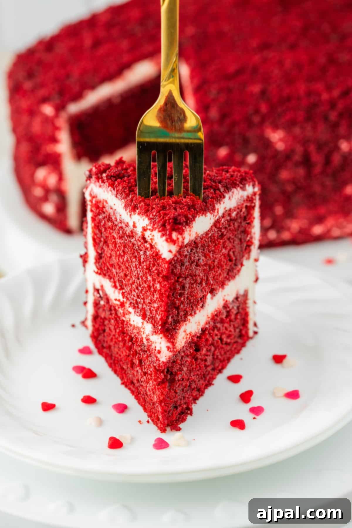 A delectable slice of Red Velvet Cake, perfectly presented on a plate with a fork, awaiting to be savored. This moist cake is topped with creamy white frosting.