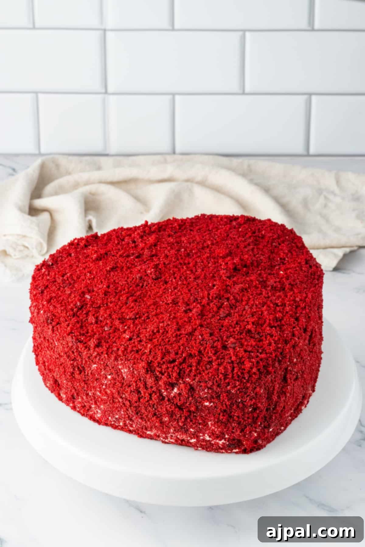 A heart-shaped red velvet cake, elegantly frosted with cream cheese, is placed delicately on a white plate, ready to be enjoyed.