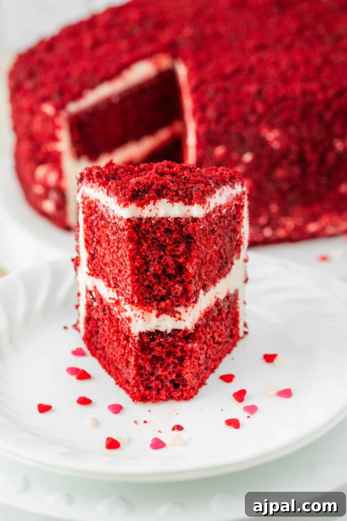 A delectable slice of red velvet cake, perfectly layered with creamy white frosting, elegantly placed on a pristine white plate, inviting you to take a bite.