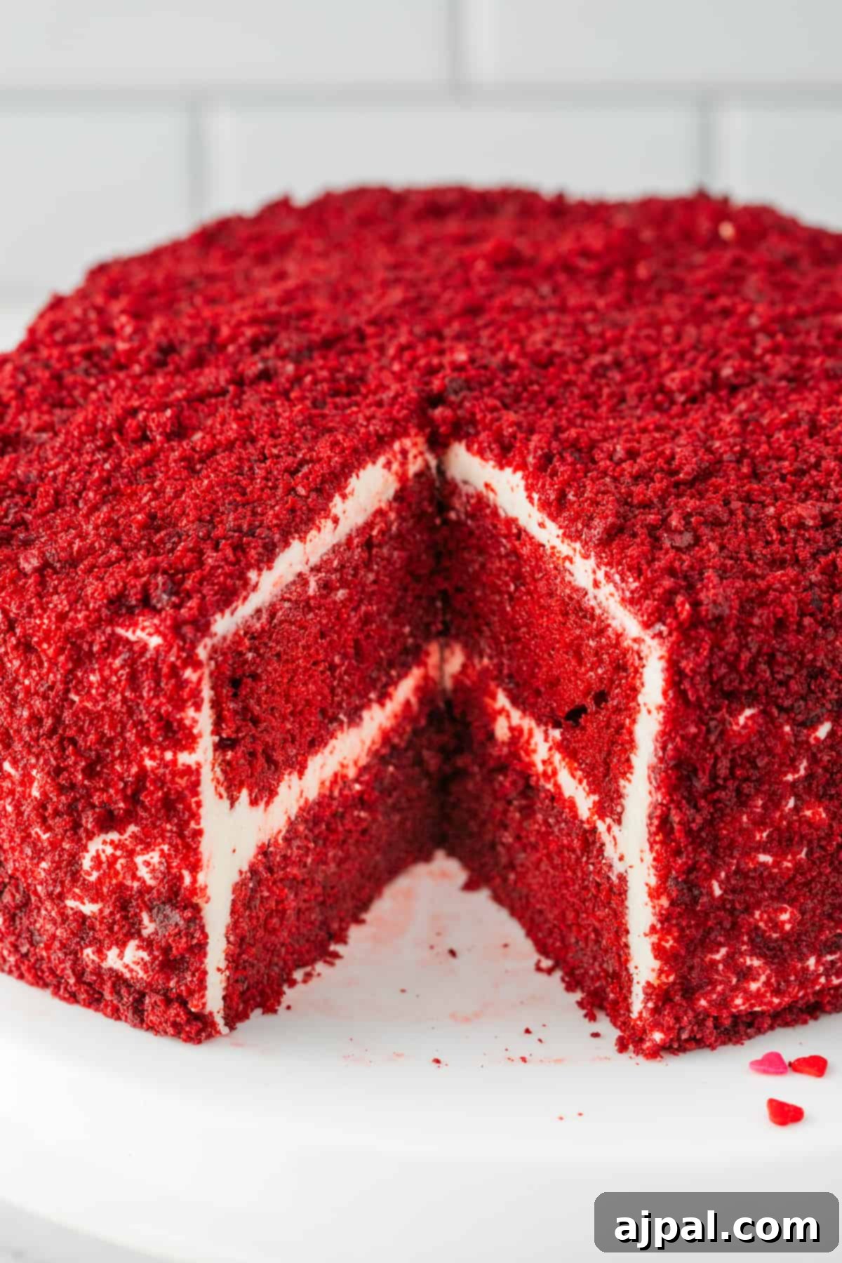 A beautifully baked red velvet cake, with a delightful slice already taken out, revealing its rich red interior and creamy white frosting layers.