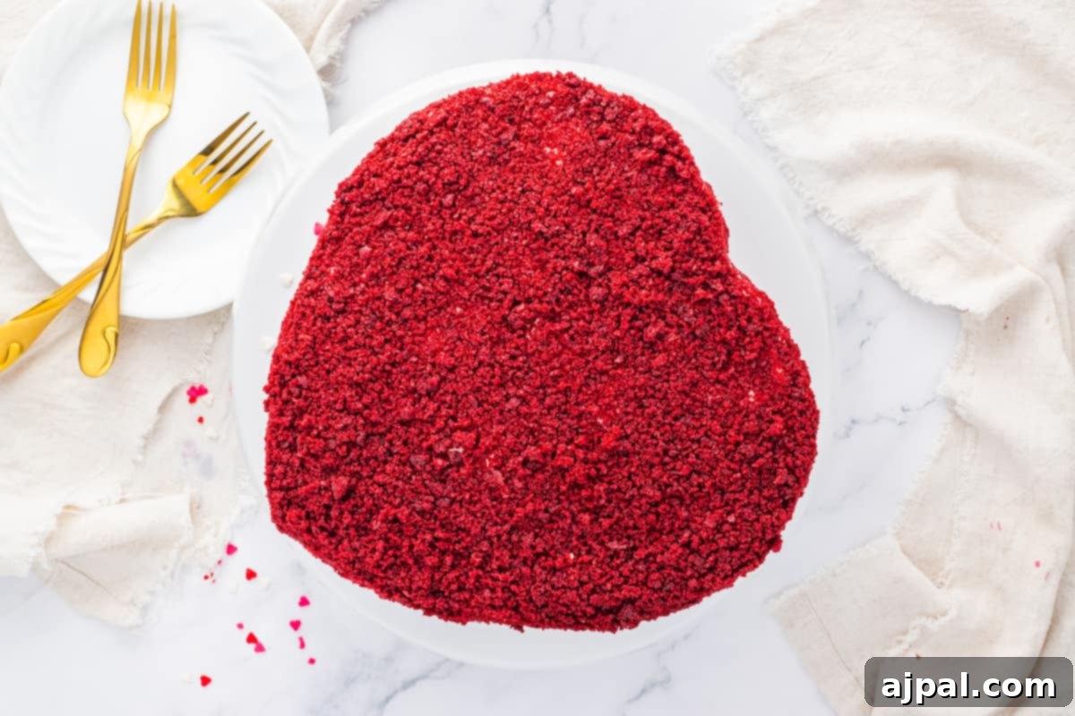 A vibrant red velvet cake in the shape of a heart, beautifully frosted and presented on a white plate with a fork beside it, inviting you to indulge.