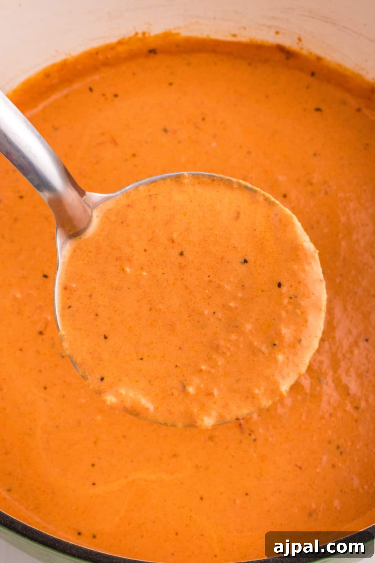 A large pot of creamy tomato soup simmering on the stove, its surface smooth and inviting.