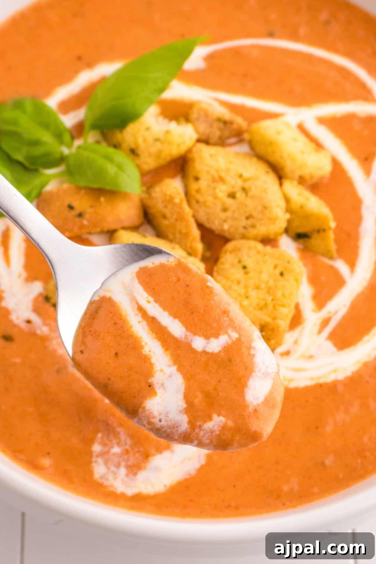 A vibrant bowl of creamy tomato soup, elegantly garnished with fresh basil leaves and crispy croutons, inviting a delightful taste.