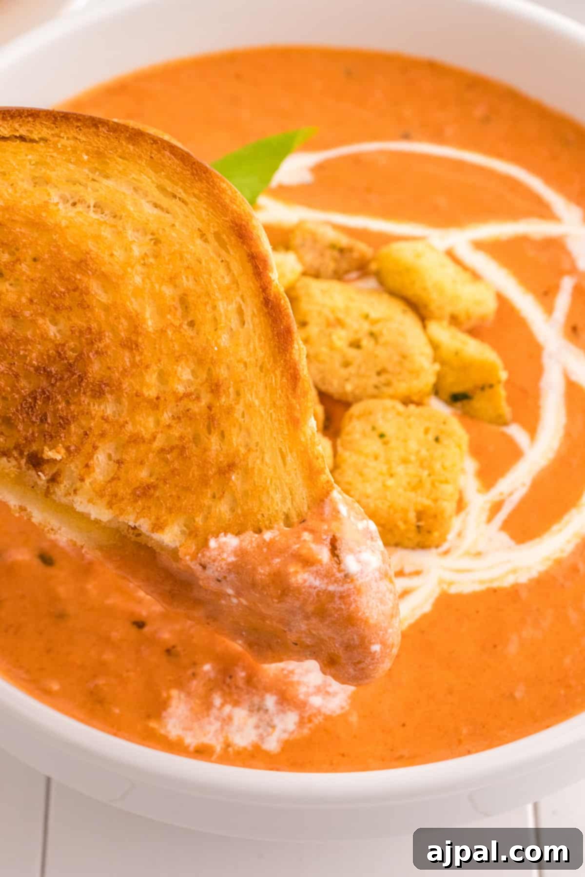 A generous bowl of creamy tomato soup, dotted with golden croutons, captured from above for an appealing presentation.