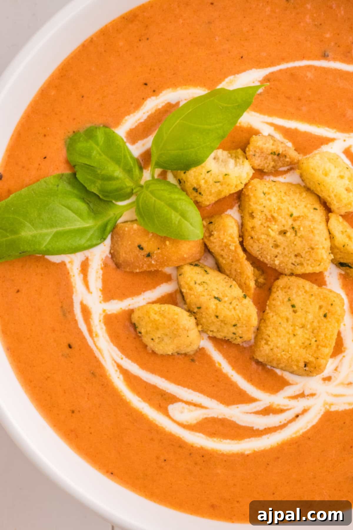 A creamy tomato soup served in a bowl, garnished with fresh basil leaves and crispy croutons, with a spoon resting in the bowl.