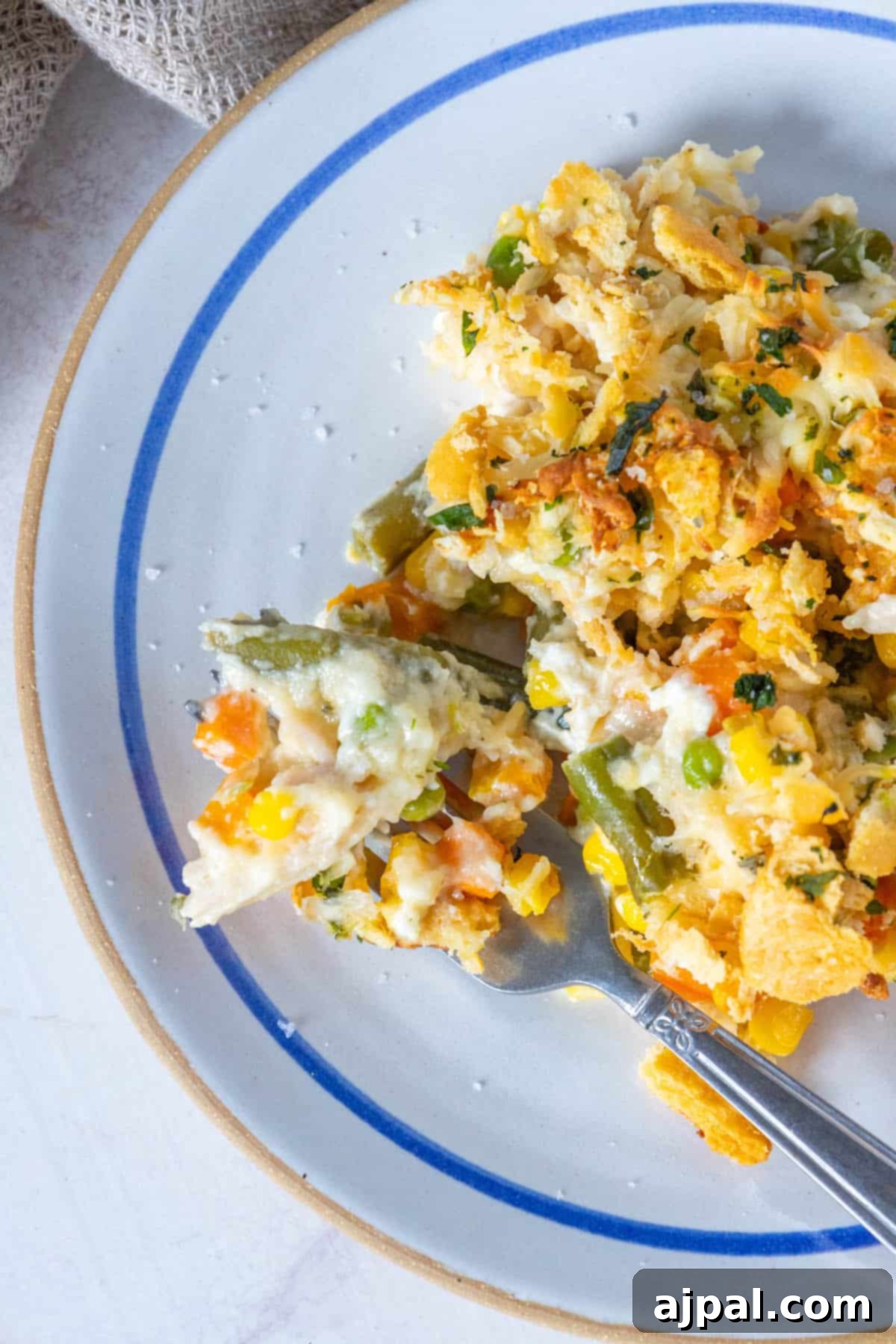 A creamy casserole with chicken on a plate.
