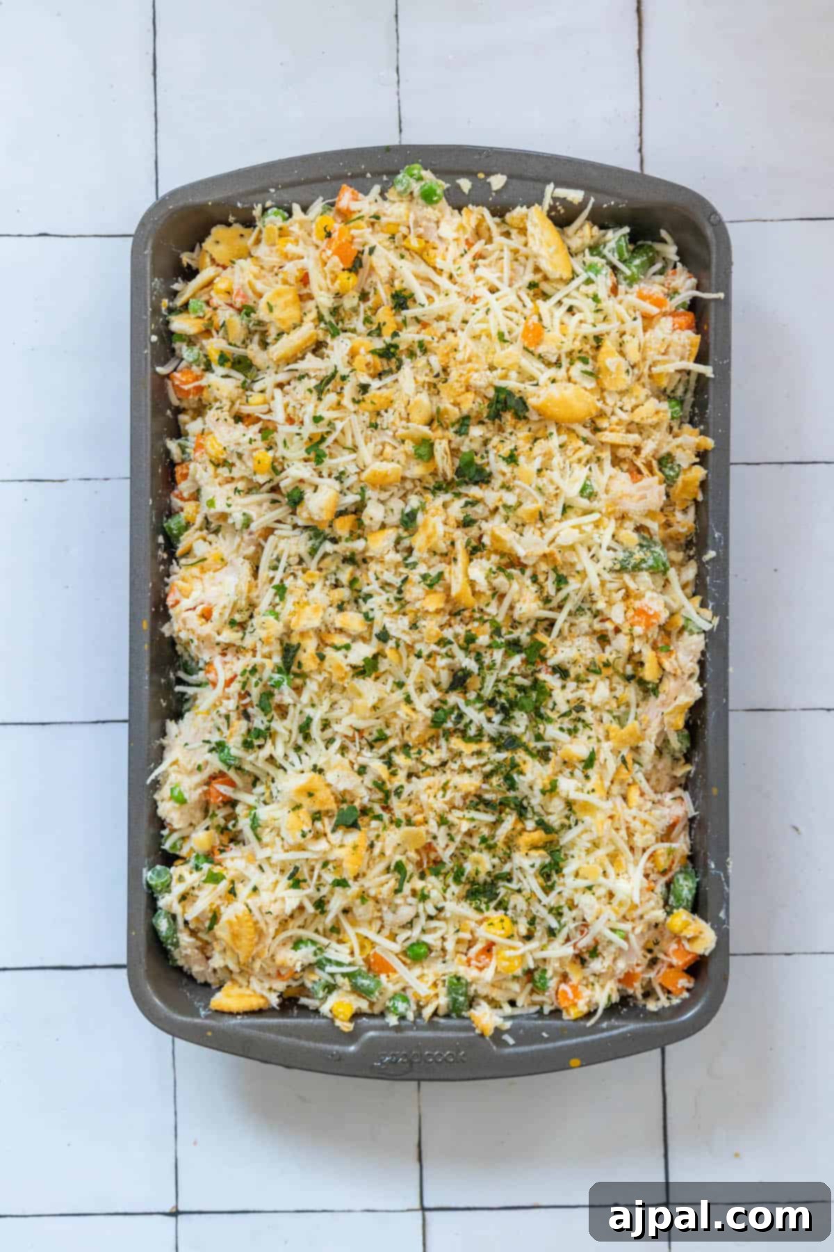 A creamy casserole dish with vegetables and cheese.