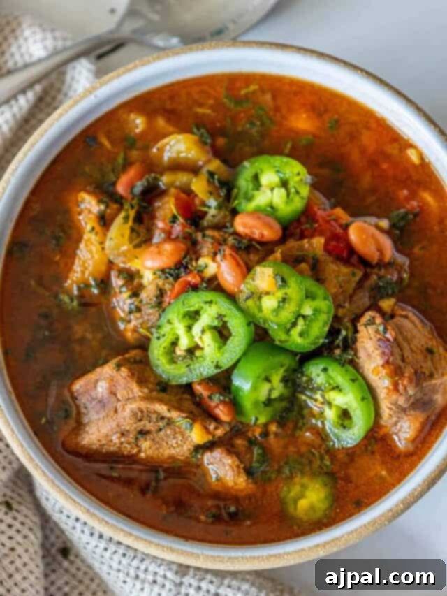 A bowl of beef stew with jalapenos and beans, garnished with fresh cilantro.