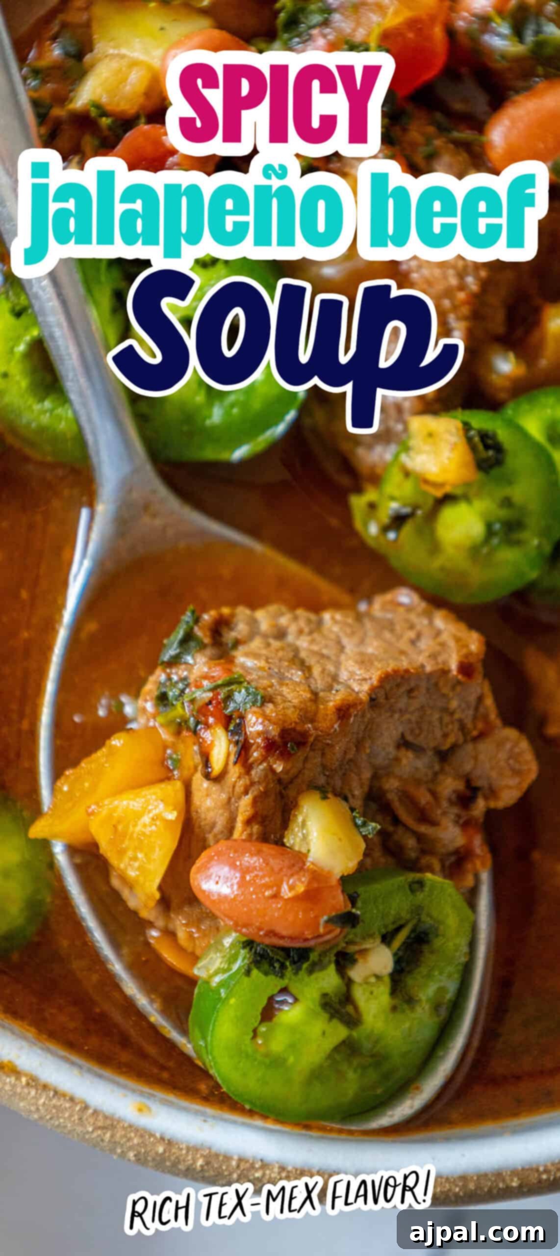 A close-up of spicy jalapeño beef soup, showcasing its rich texture and vibrant ingredients.