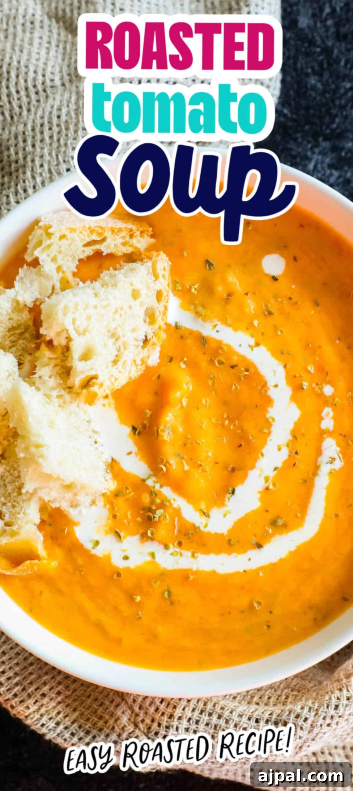 Hearty Roasted Tomato Soup 12 A tantalizing image of Roasted Tomato Soup, artfully arranged with freshly baked bread and crispy croutons, inviting you to savor its comforting flavors.