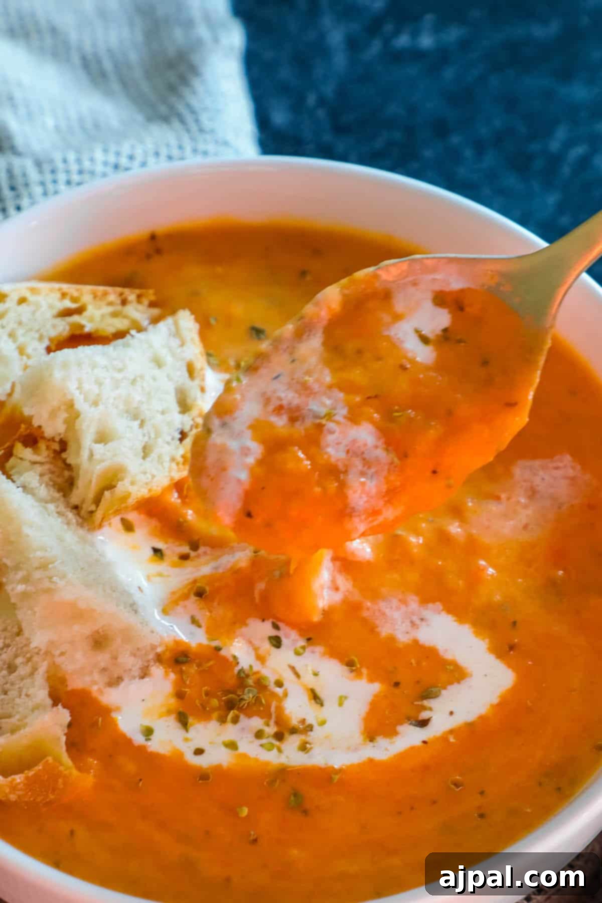 Hearty Roasted Tomato Soup 10 A single, perfectly roasted tomato resting gently in a bowl of creamy, vibrant tomato soup, symbolizing the core ingredient and rich flavor.