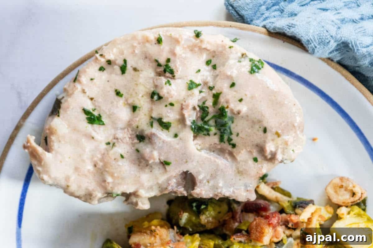 Slow Cooker Creamy Ranch Pork Chops 3 Creamy ranch pork tenderloin with brussels sprouts and gravy on a white plate, ready to serve.