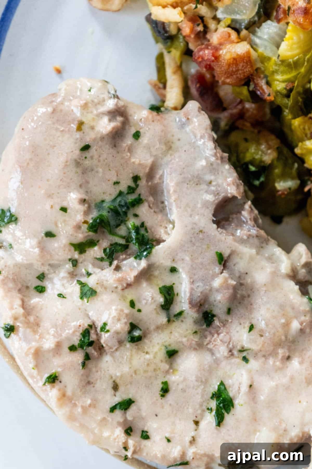 Slow Cooker Creamy Ranch Pork Chops 4 Creamy pork chops with rich gravy and brussels sprouts on a pristine white plate.