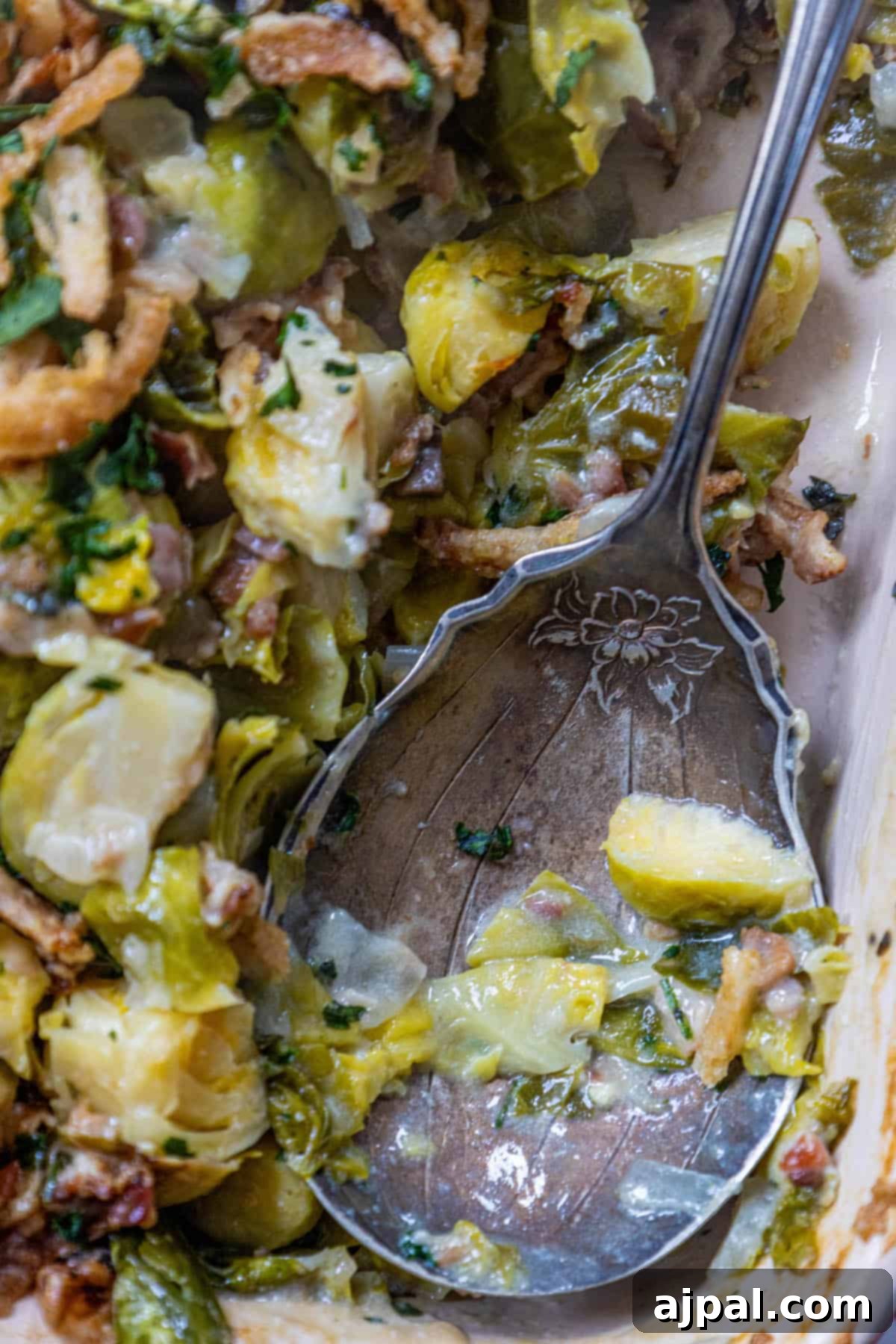 Bacon Brussels Bliss 7 Creamy Brussels sprouts with bacon baked to perfection in a casserole dish.