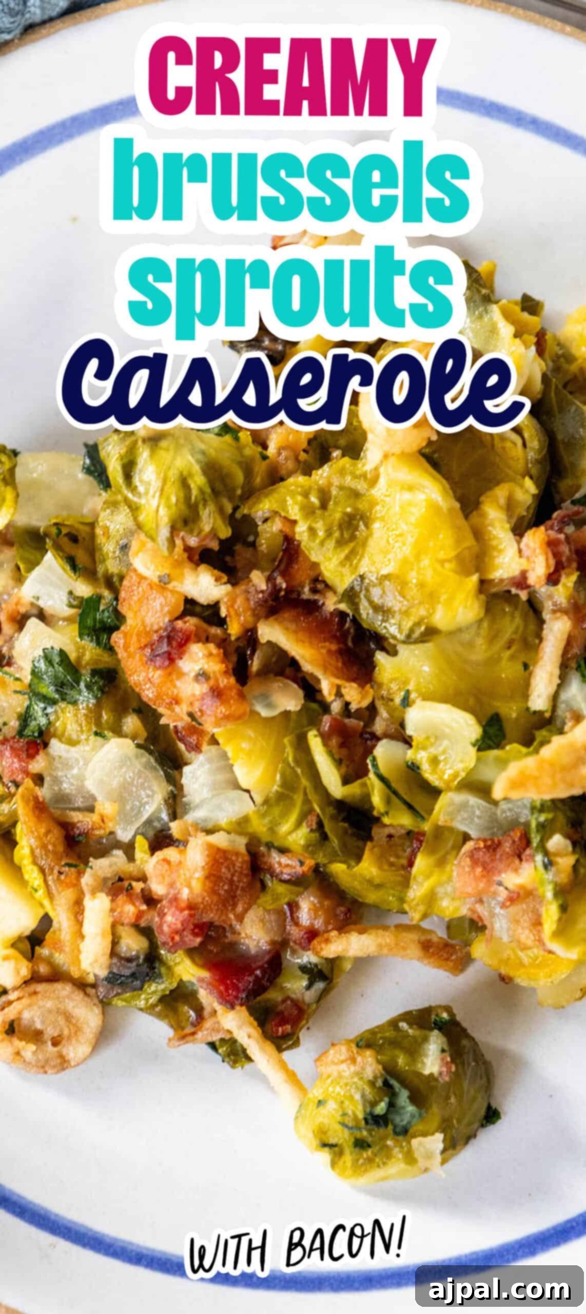 Bacon Brussels Bliss 8 A stunning vertical shot of creamy brussels sprouts casserole with bacon and cream, highlighting its deliciousness.
