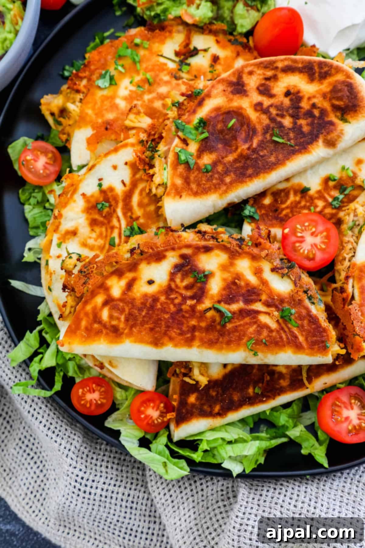 A plate of mini quesadillas with chicken.