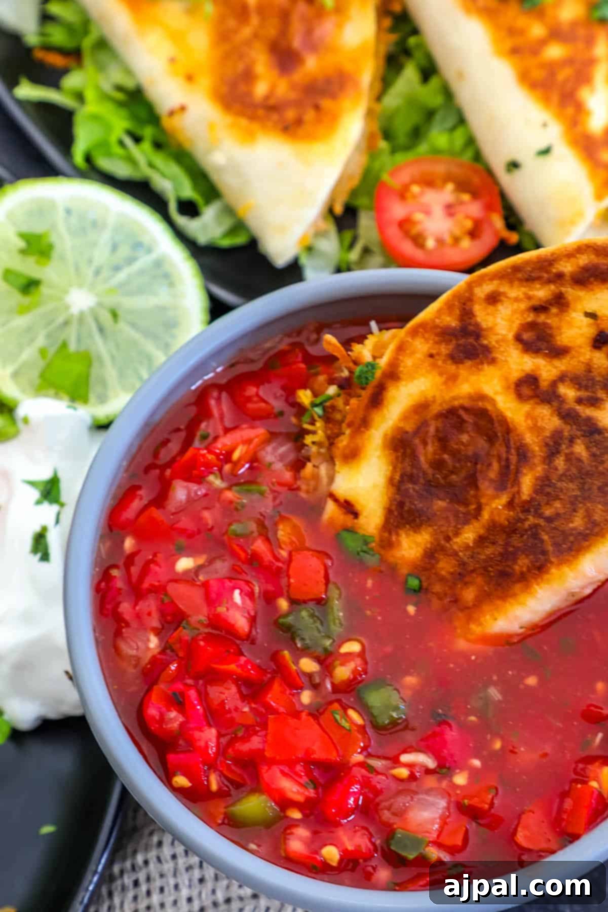 Bite-Sized Chicken Quesadillas 7 Mini quesadillas with salsa on a plate.