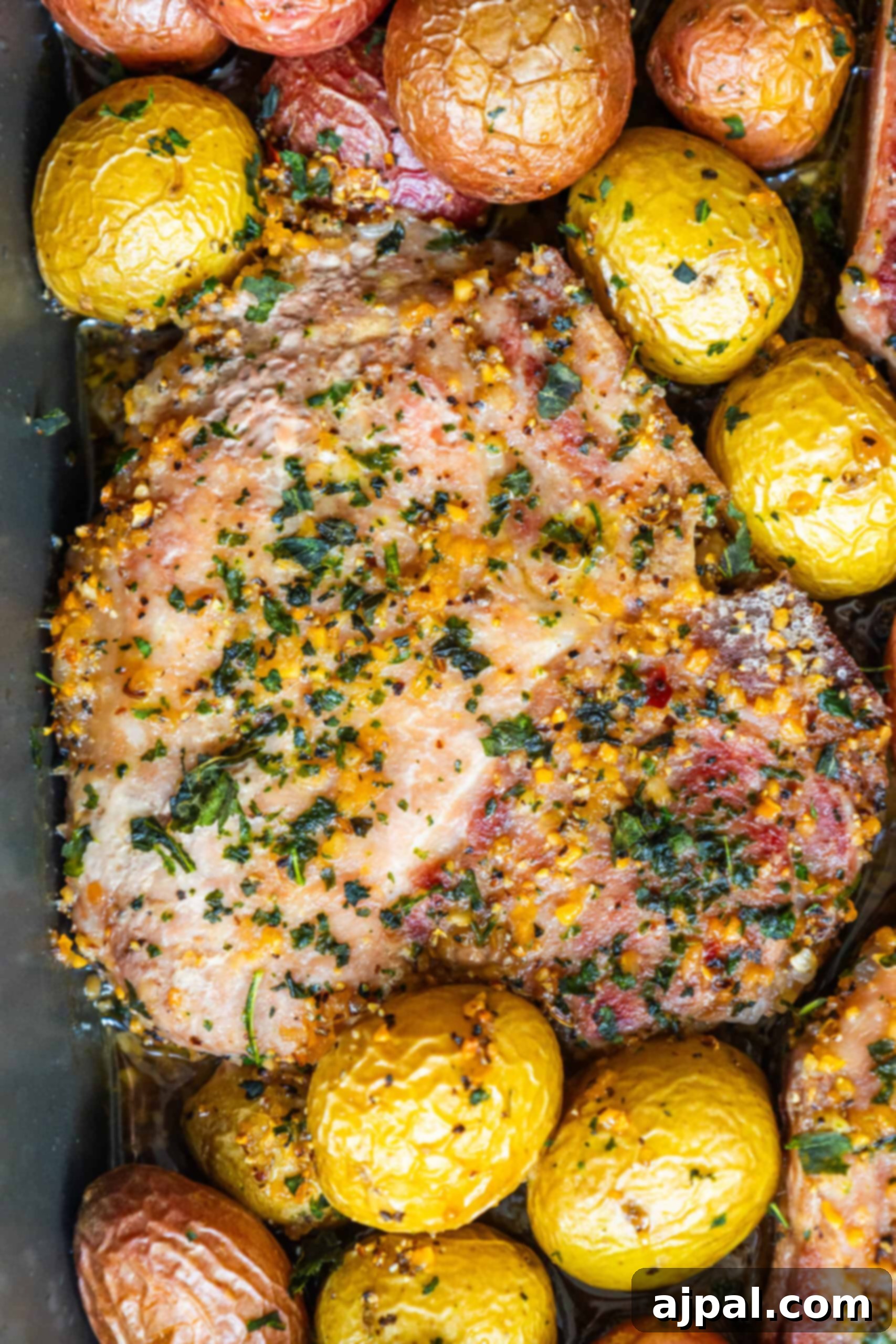 Hearty Pork Chops and Roasted Potatoes 2 Pork chops and potatoes in a baking dish. This mouthwatering dish combines tender pork chops with golden-brown potatoes, creating a satisfying and hearty dinner option. The pork chops are beautifully seasoned and cooked to perfection, making it an ideal family meal.