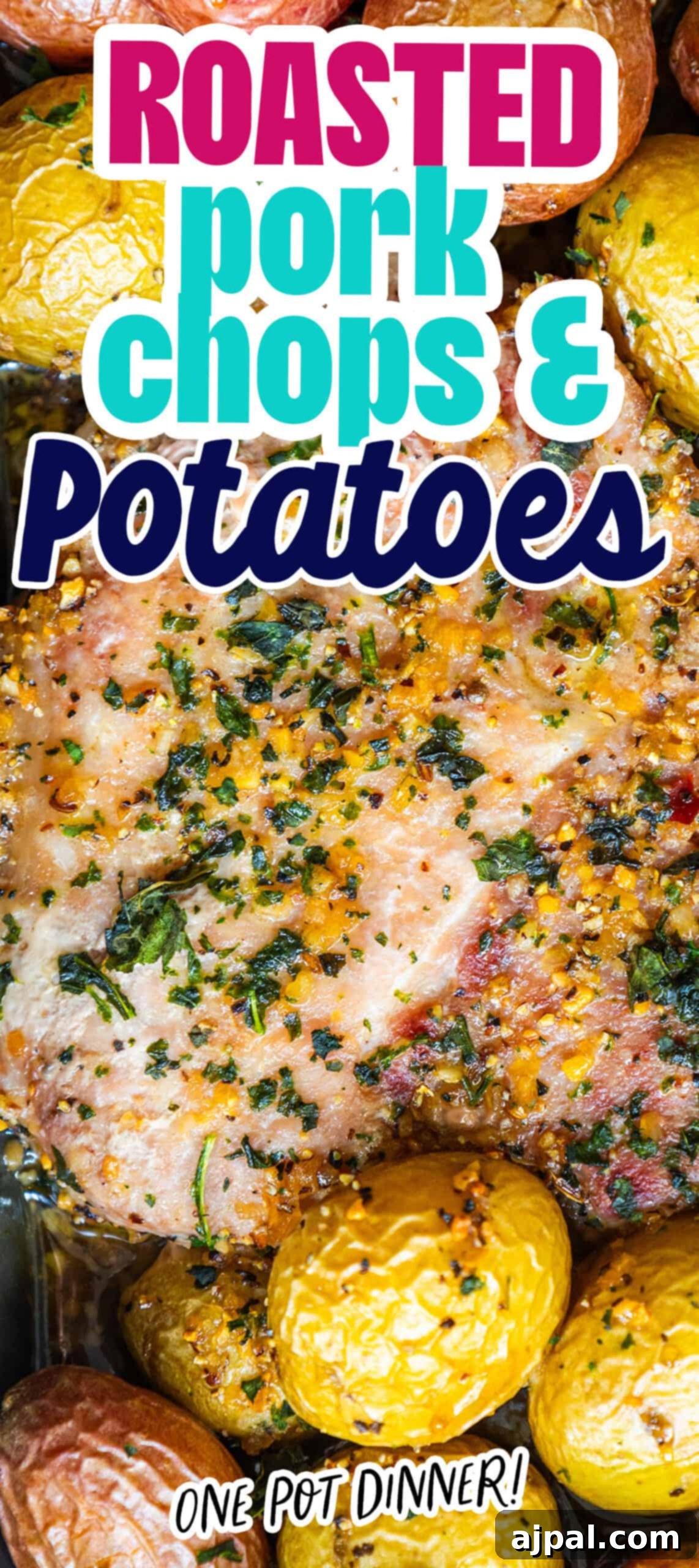 Hearty Pork Chops and Roasted Potatoes 12 Deliciously seasoned roasted pork chops served with tender potatoes. A close-up shot of the mouthwatering meal.
