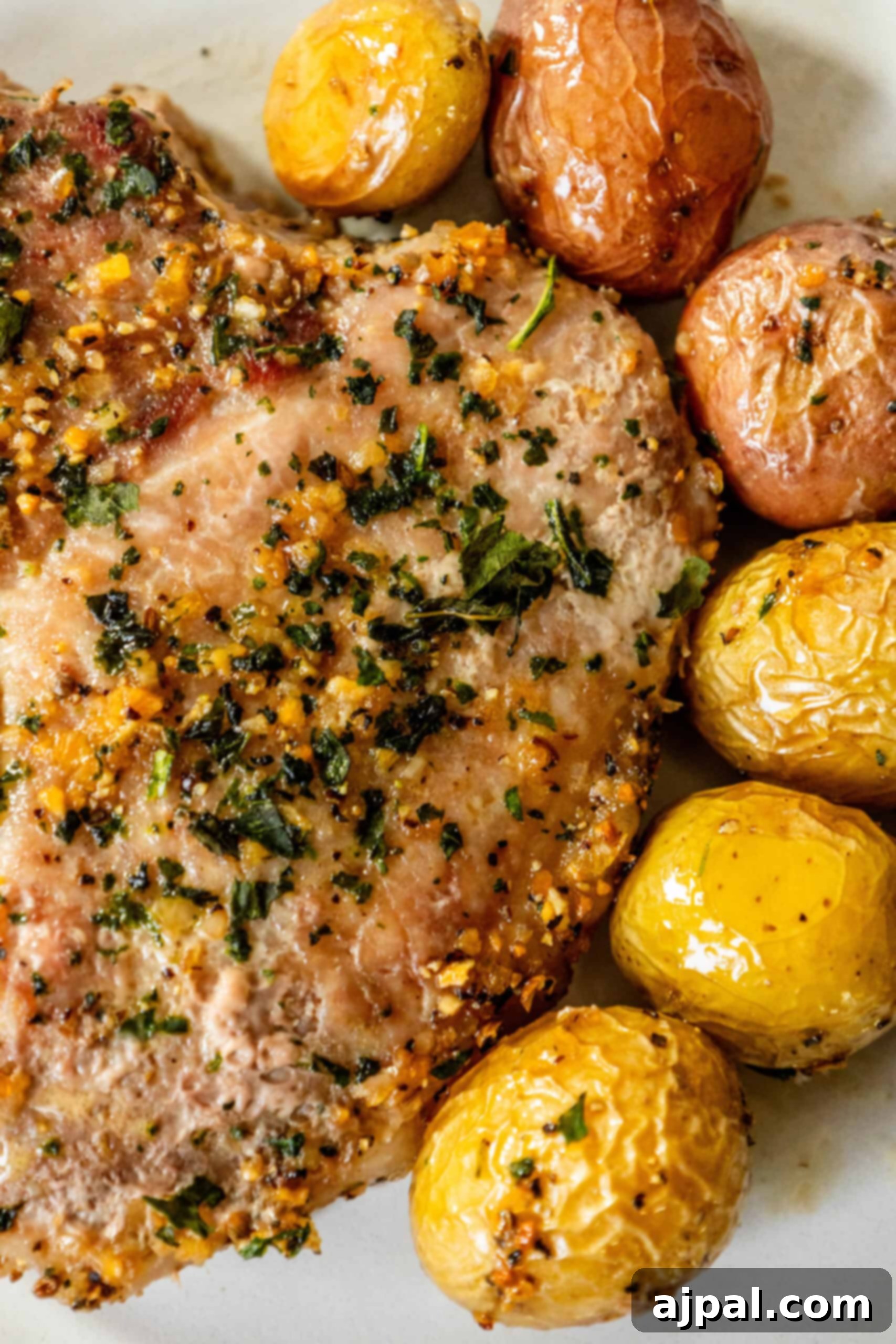 Hearty Pork Chops and Roasted Potatoes 3 A delicious plate of pork chops and potatoes on a white plate. The meal looks hearty and flavorful, ready to be enjoyed.