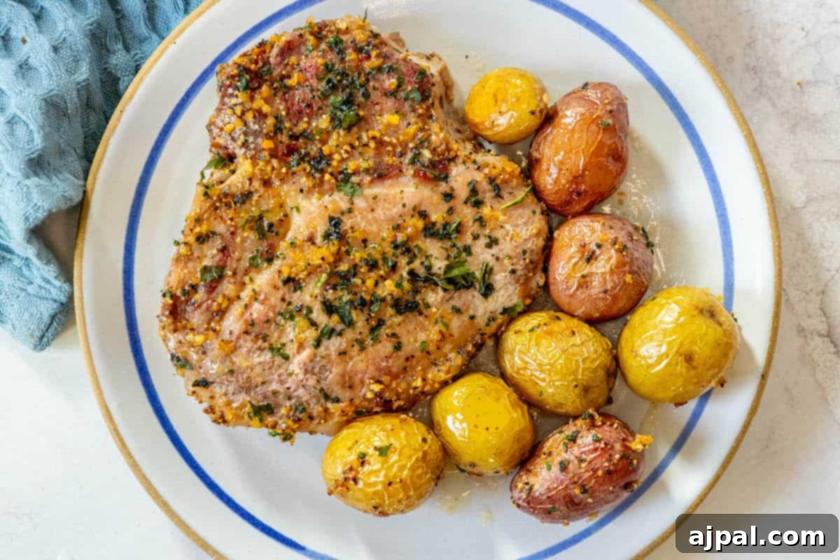 Hearty Pork Chops and Roasted Potatoes 9 Pork chops on a plate with seasoned potatoes. The dish looks perfectly cooked and ready to be served.