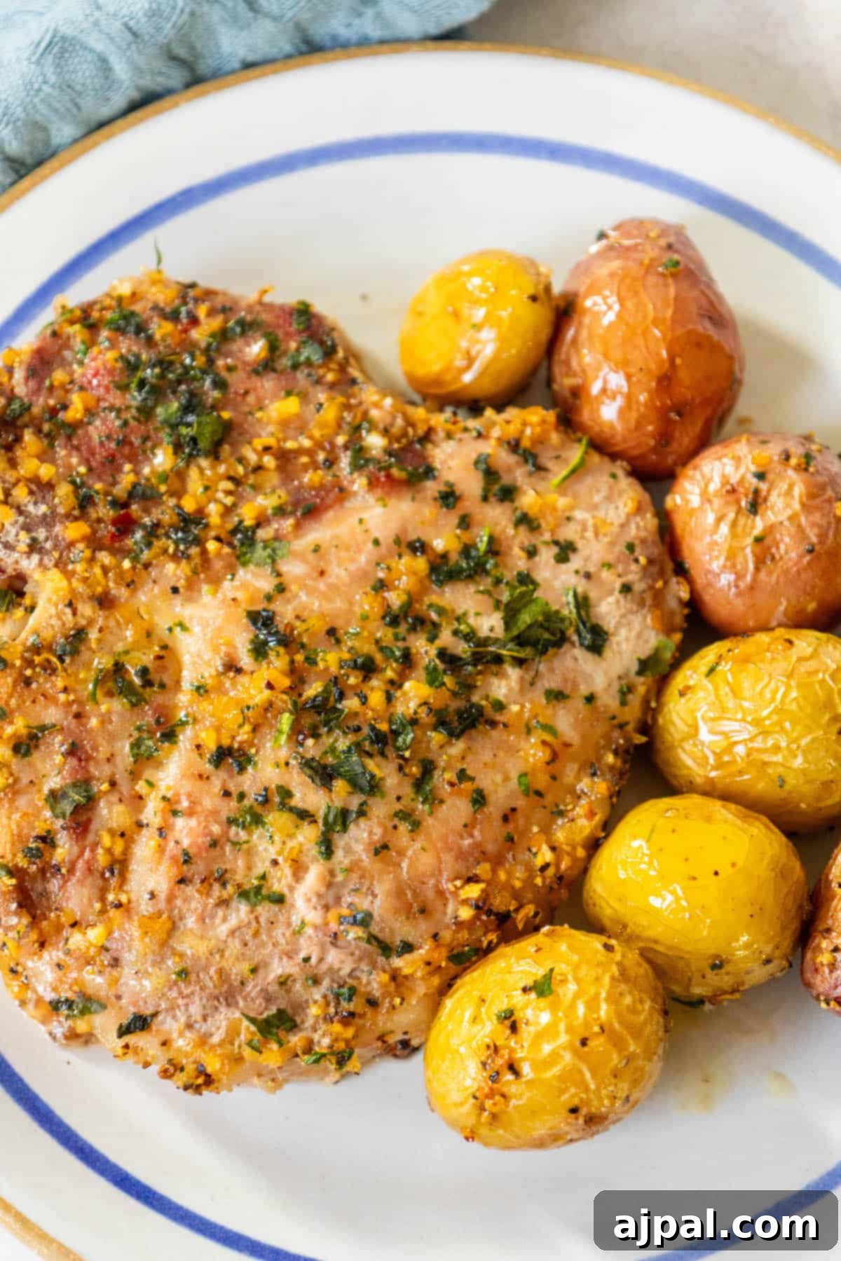 Hearty Pork Chops and Roasted Potatoes 10 Pork chops and potatoes on a plate, garnished and ready to eat.