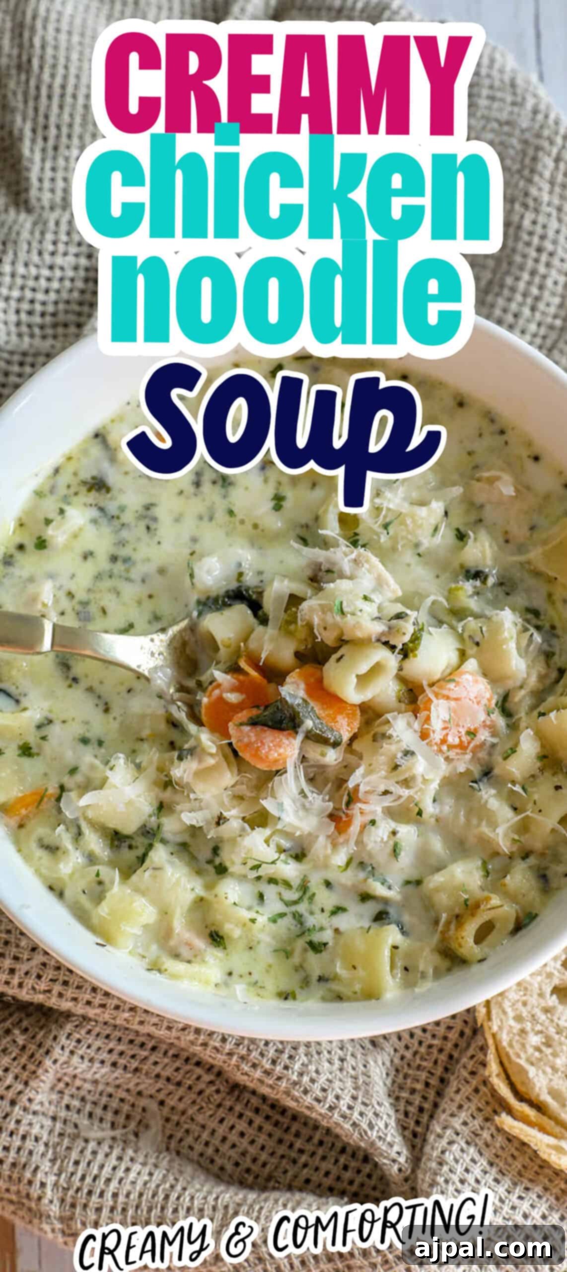 Velvety Creamy Chicken Noodle Soup 8 Creamy chicken noodle soup served on a white plate, ready to be enjoyed as a hearty meal.